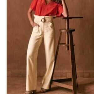 sezane silas  belt high waist cream wide leg pant